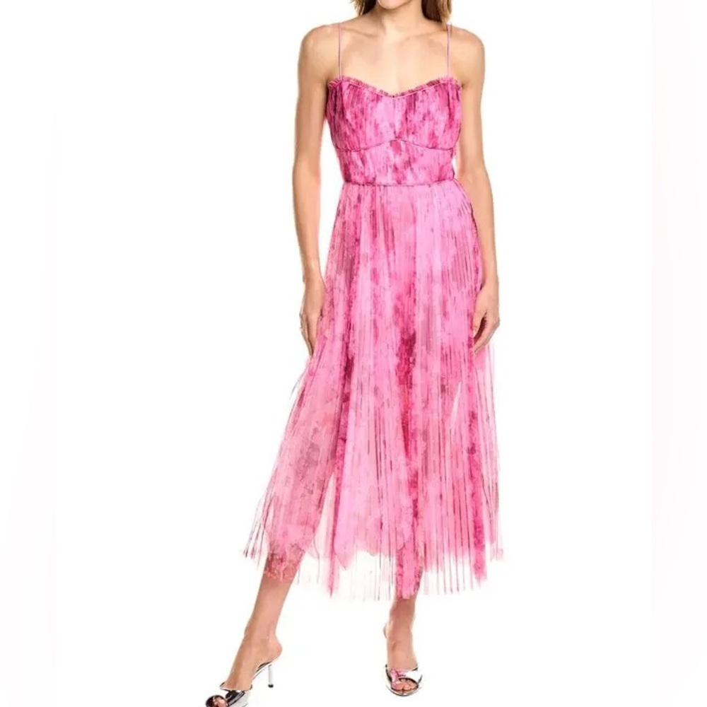 $545 NWOT Pink ML Monique Lhuillier “Marjorie” Pleated Tulle Midi Dress Sz 4
